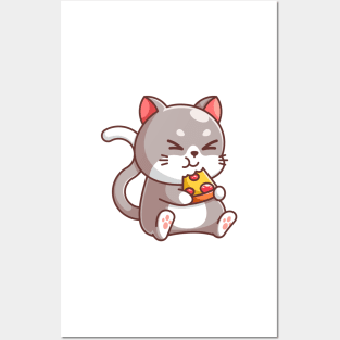 Cute cat eating pizza cartoon Posters and Art